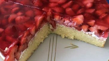 Erdbeerkuchen mit Paradiescreme/ Schmand und frischer Sahne Rezept